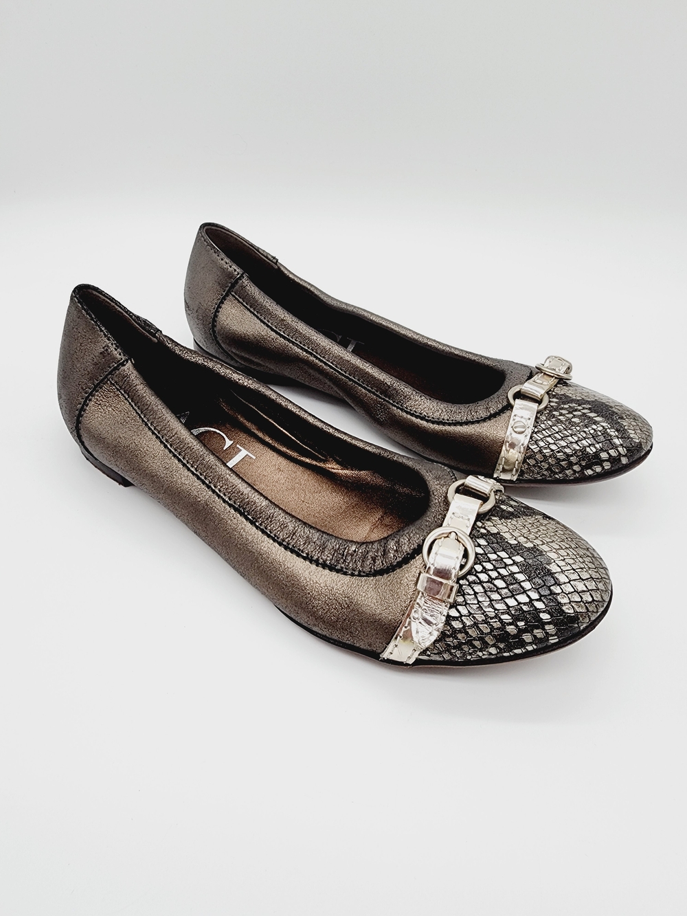 Agl Ballet Flats Italy Bronze Grey Snake Skin Leather Size 7 or 37.5